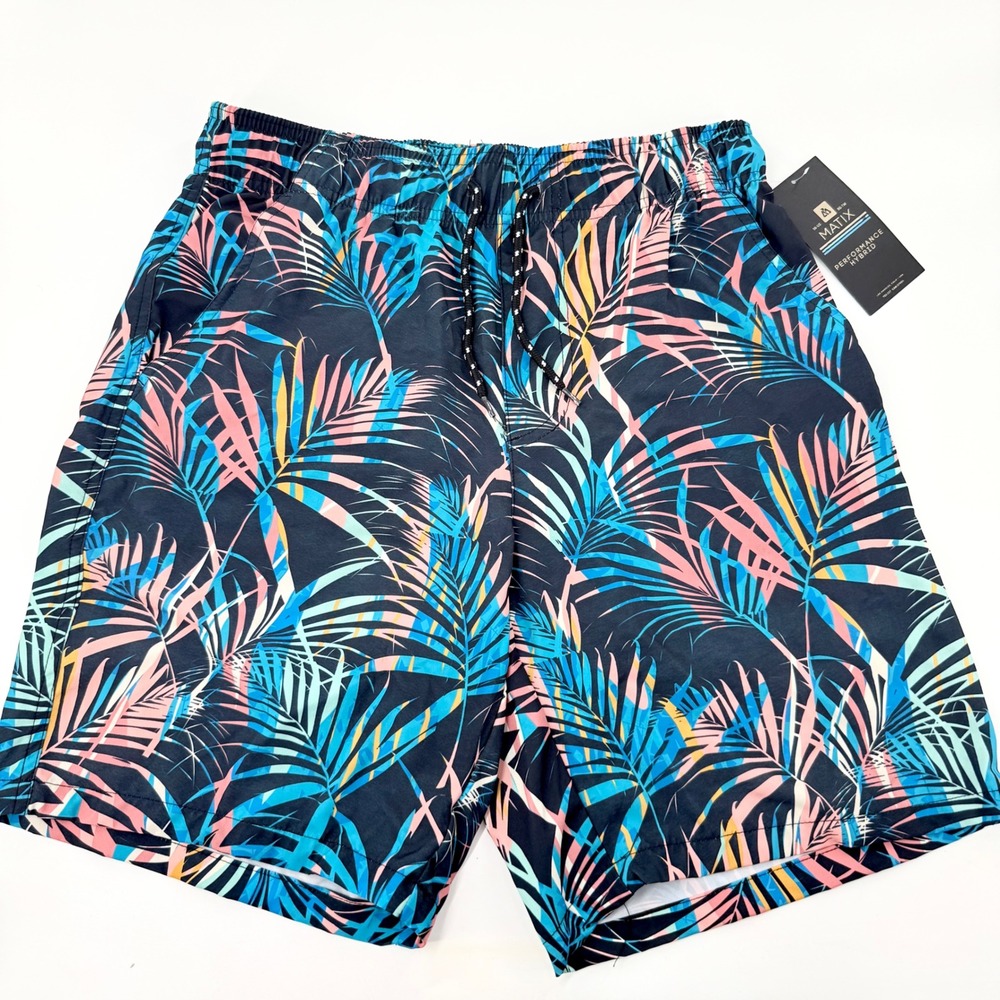 Matix Mens Performance Hybrid Board Shorts Tropical Palm Leaf Navy Blue  M NWT